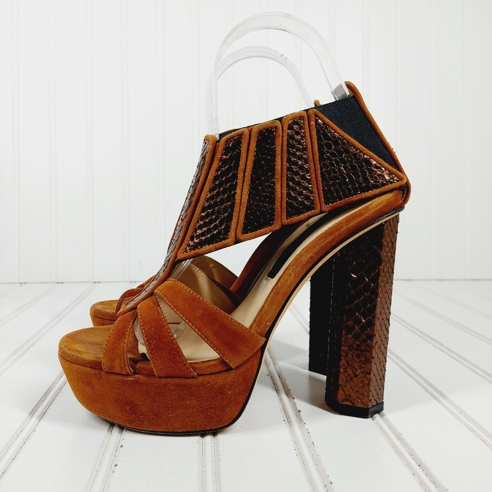 Chrissie Morris Boudicca Metal Python Suede Brown Statement High Heels E207
